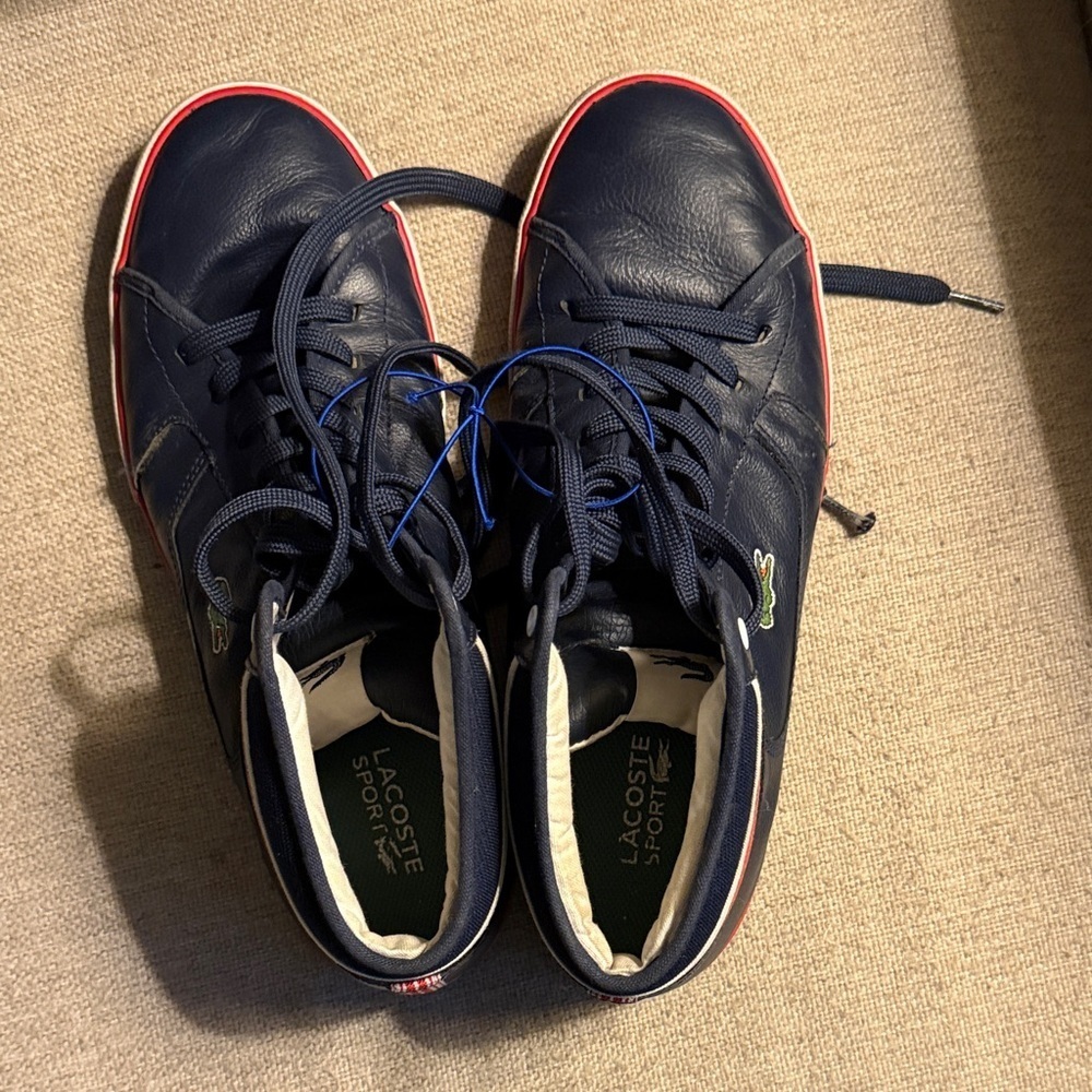 * LACOSTE * sport camous mid top leather navy white red, size 12